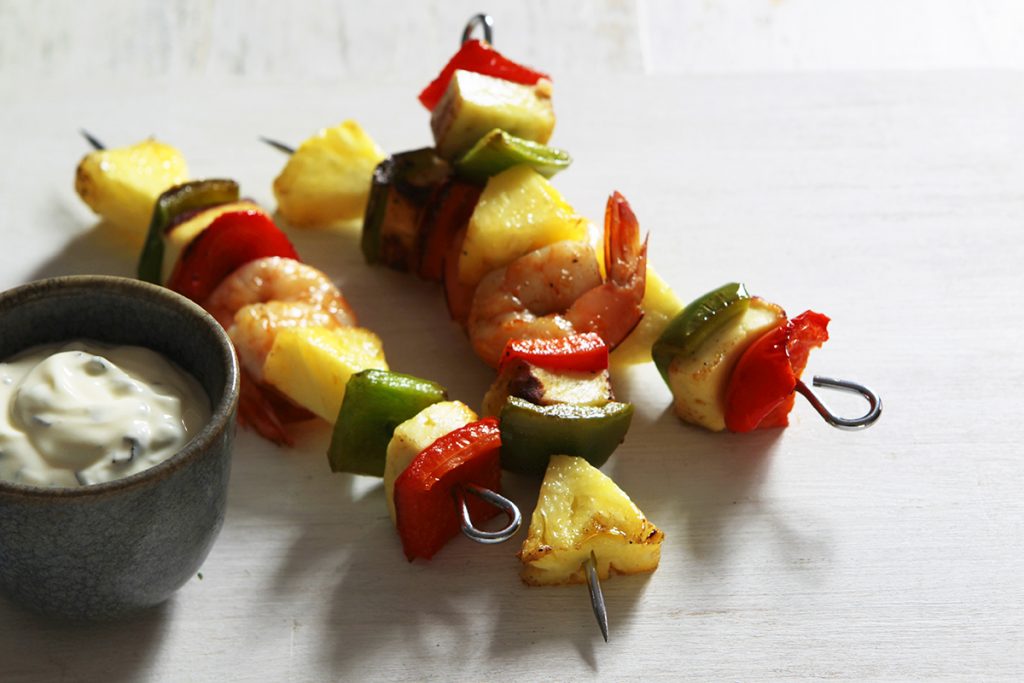 Pineapple and Prawn BBQ Kebabs with Mint Yoghurt